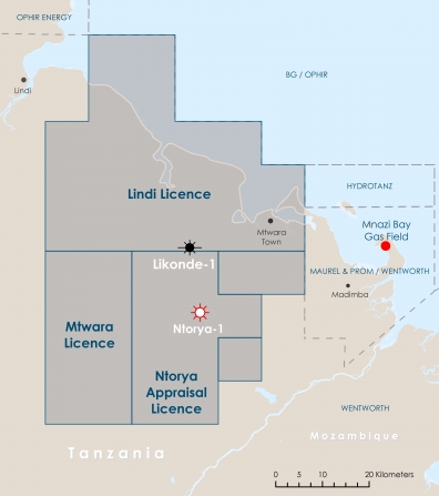 The Aminex-operated Ruvuma onshore PSA in the far south of Tanzania (Map credit: Aminex)