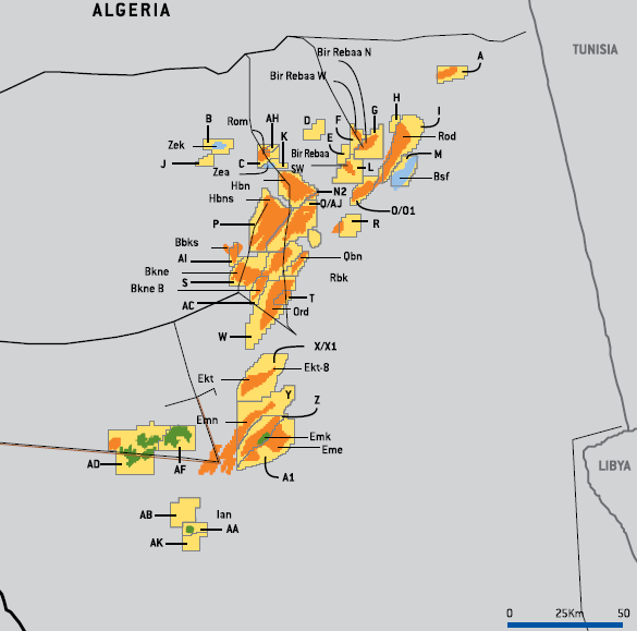 Algeria's ROD field is in the top right corner, near to the Tunisian border (Map credit: Eni 2015 Facts Book)