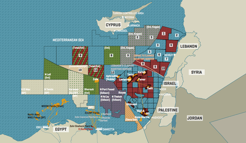 Figure 5: Eastern Mediterranean EEZ, gas-fields and LNG terminals