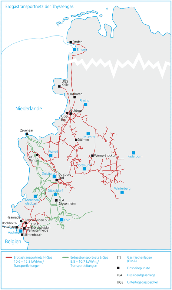 Thyssengas's pipeline system. Red pipes are for high-calorific gas, green ones are for low-cal gas, GMA stands for gas blending facilities, UGA for underground storage, FEA for lng storage, and 'Einspeisepunkte' are gas entry points  (Map credit: Thyssengas)