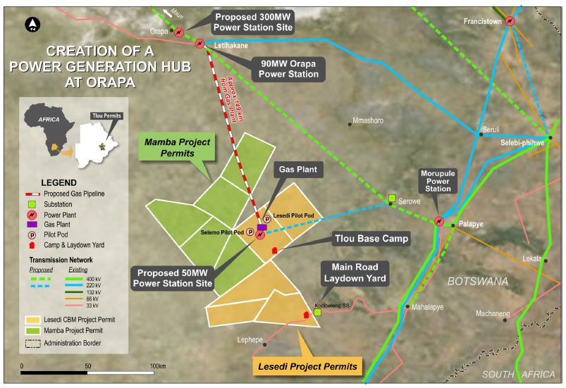 Proposed creation of a power generation hub at Orapa (Map credit: Tlou Energy)