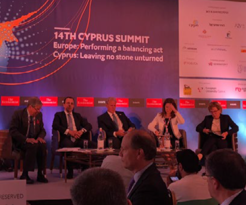 Left to right: John Peet, The Economist – Nikos Christodoulides, Cyprus foreign minister - Michael Oren, Israeli Deputy Minister in the Prime Minister’s office – Efi Koutsokosta, Euronews – Kathleen Docherty, US ambassador to Cyprus