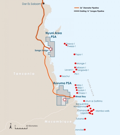 The 532km national pipeline showing Songo Songo and Aminex's Ruvuma and Nyuni PSAs (Map credit: Aminex)