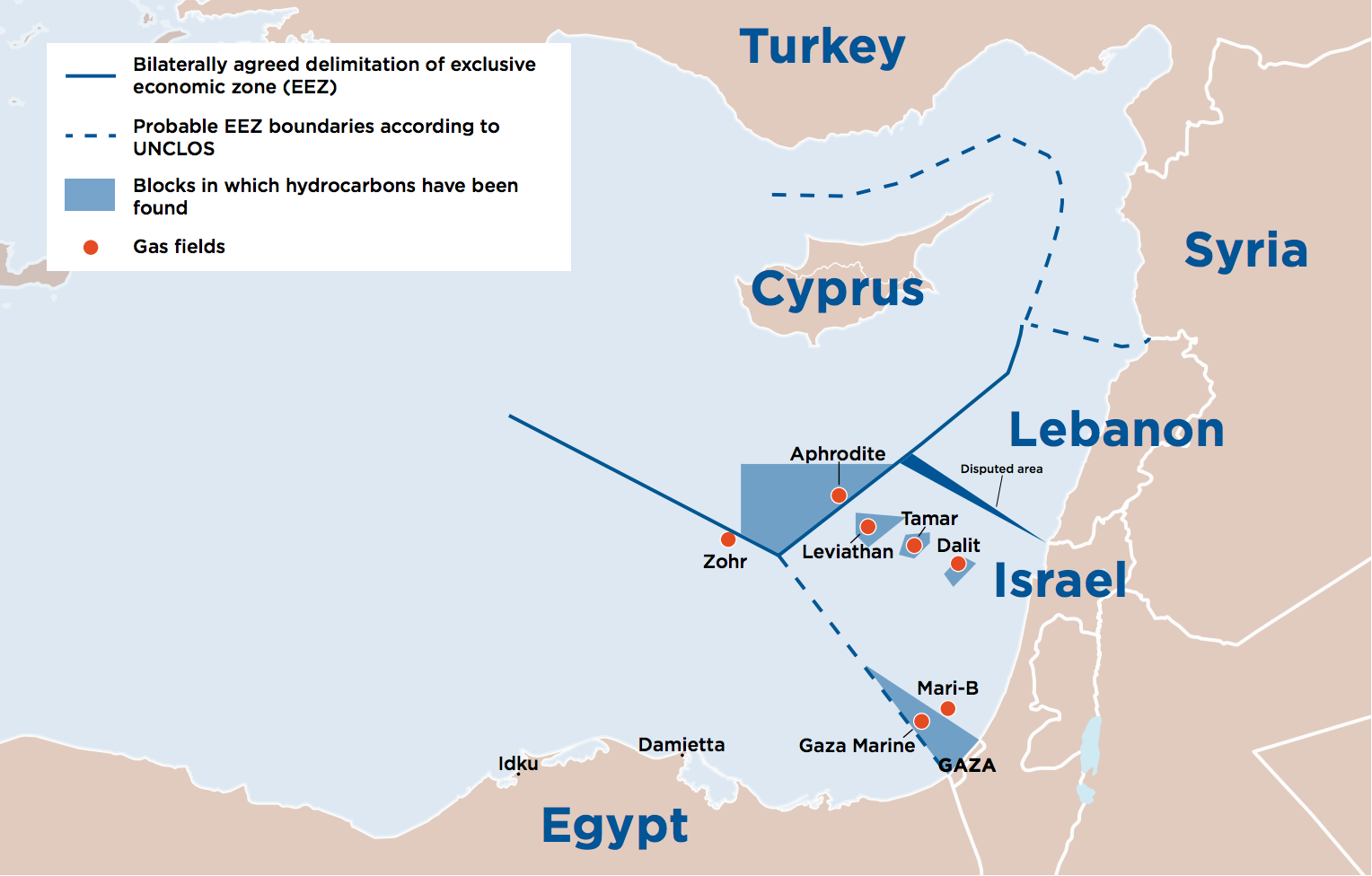 Exclusive Economic Zones in Eastern Mediterranean (Source: IISS, Economist) 