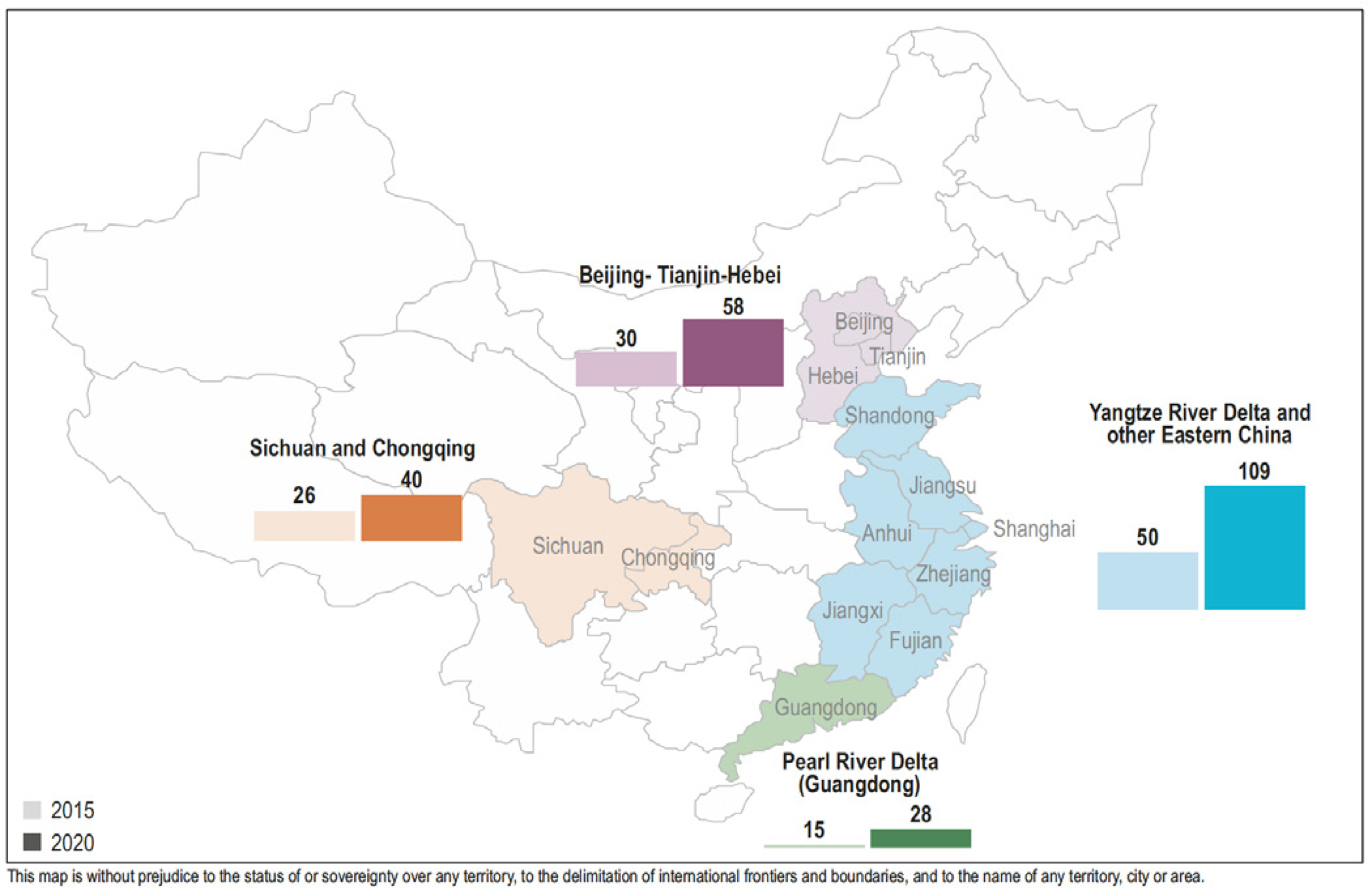 Planned gas consumption development in China’s key regions, 2015 and 2020 (bcm) - Credit: IEA’s Gas 2017 report