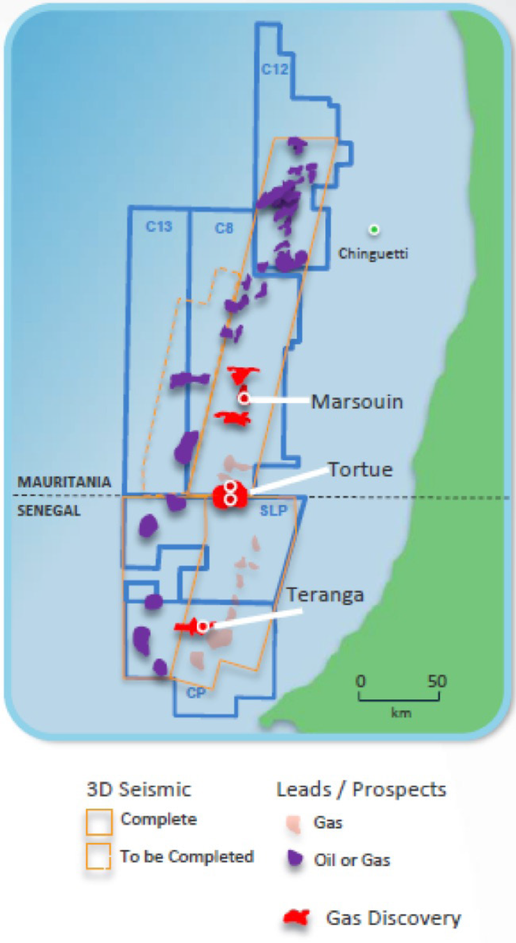 Discoveries made on the Greater Tortue fairway (Map credit: Kosmos’s May 2016 presentation)
