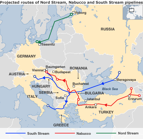 Map of major east-west pipeline projects in Europe