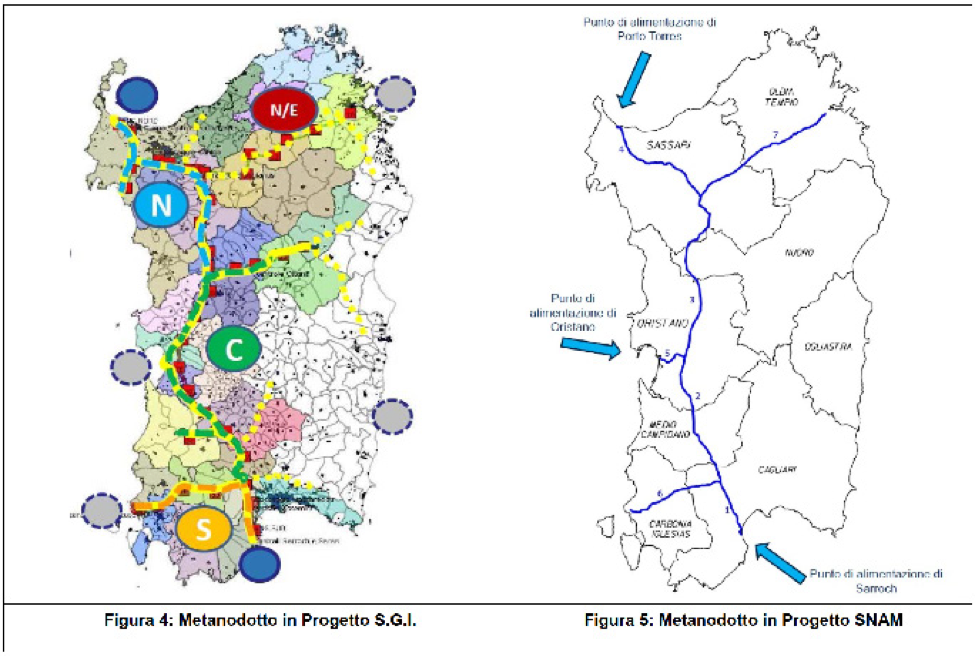 Sardinian gas pipeline network proposals by SGI (left) and Snam (right). (Map credit: IsGas, from its environmental impact assessment (EIA) submission)